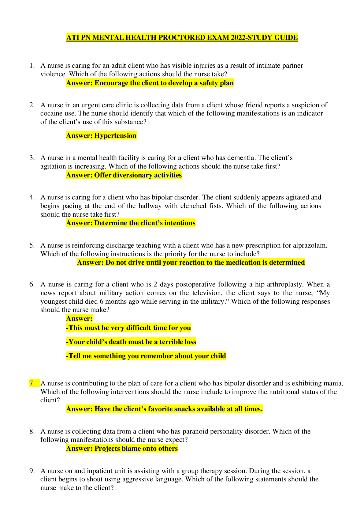 Preview image for ATI PN MENTAL HEALTH PROCTORED EXAM 2022-STUDY GUIDE